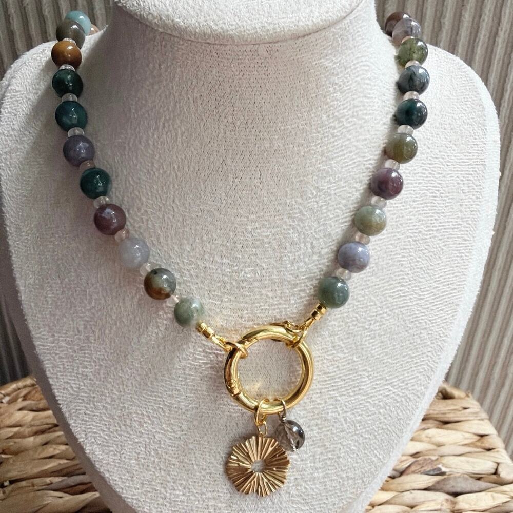 21" Beaded Gemstone Necklace, Indian Agate, Clear Quartz, Smoky Quartz, Charms
